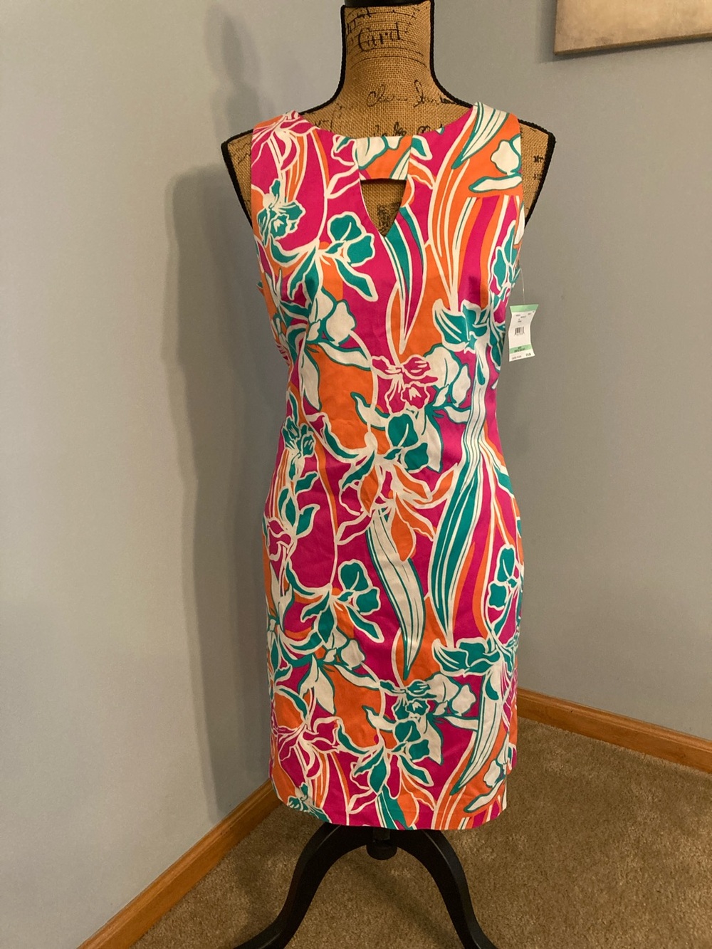 Anne Klein Fuchsia Floral Midi Sheath Dress with Teal & Orange Accents